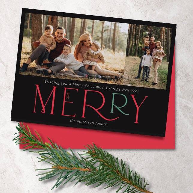 Modern Photo Merry Black Red Green Holiday Card (Creator Uploaded)