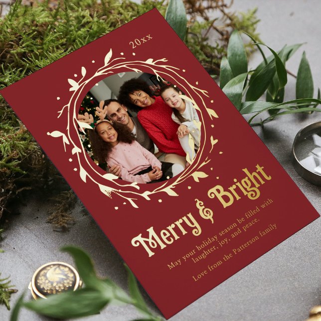 Modern Photo Merry & Bright Script Wreath Foil Holiday Card (Creator Uploaded)