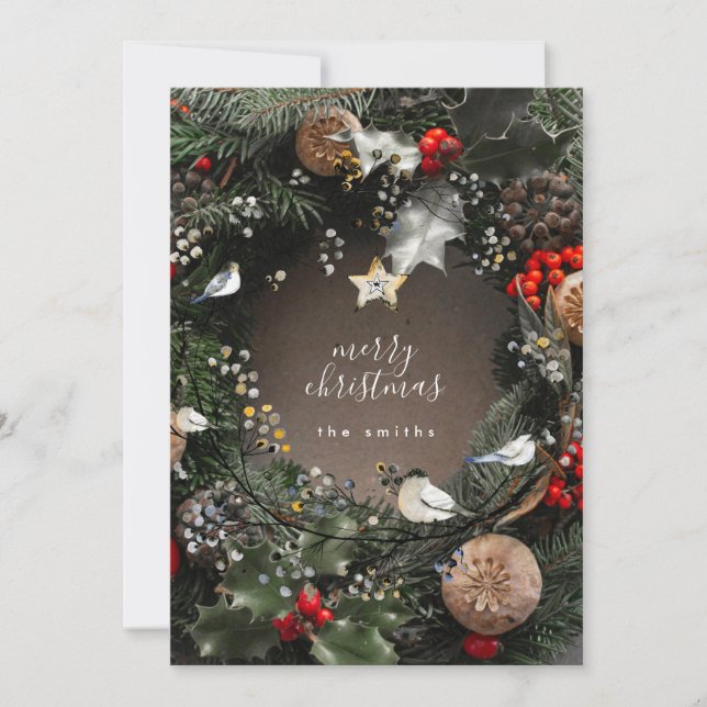 Modern Photo Merry Christmas Door Wreath Holiday Card (Front)