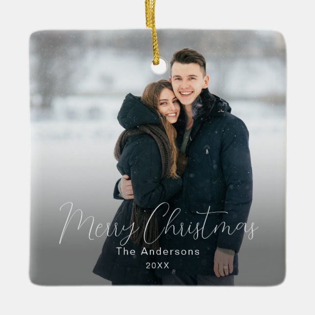 Modern Photo Merry Christmas Family Name Ceramic Ornament (Front)