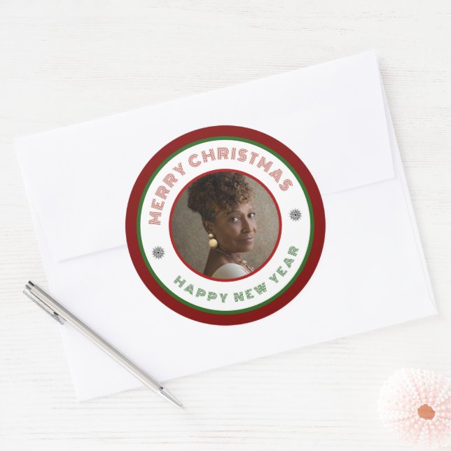 Modern Photo Merry Christmas New Year Personalize Classic Round Sticker (Envelope)