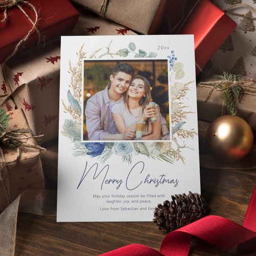 Modern Photo Merry Christmas Script Boho Floral