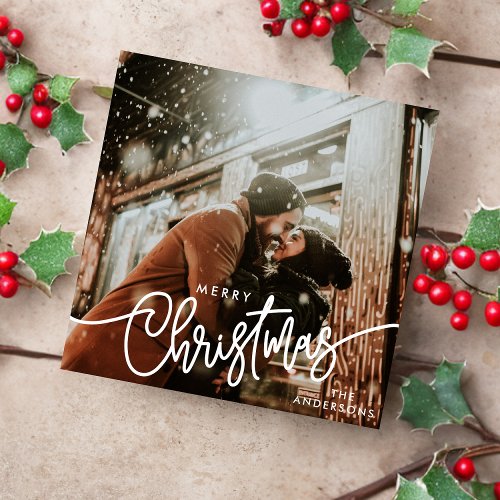 Modern Photo Merry Christmas Script Trendy Couple Holiday Card