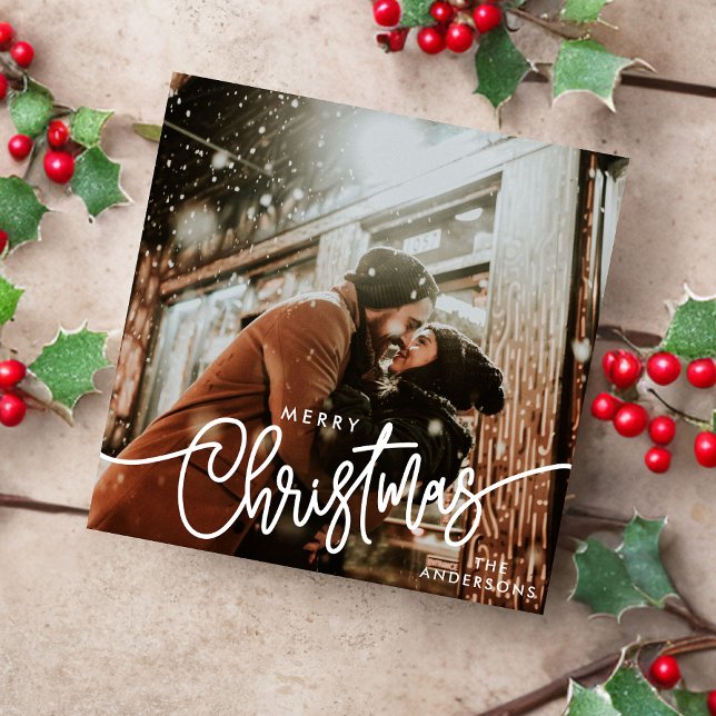 Modern Photo Merry Christmas Script Trendy Couple Holiday Card (Creator Uploaded)