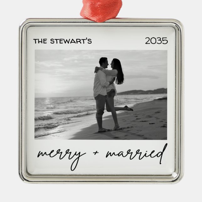Modern Photo Merry & Married Elegant Minialmist Metal Ornament (Front)