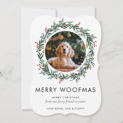Modern Photo Merry Woofmas Christmas Dog Wreath Holiday Card
