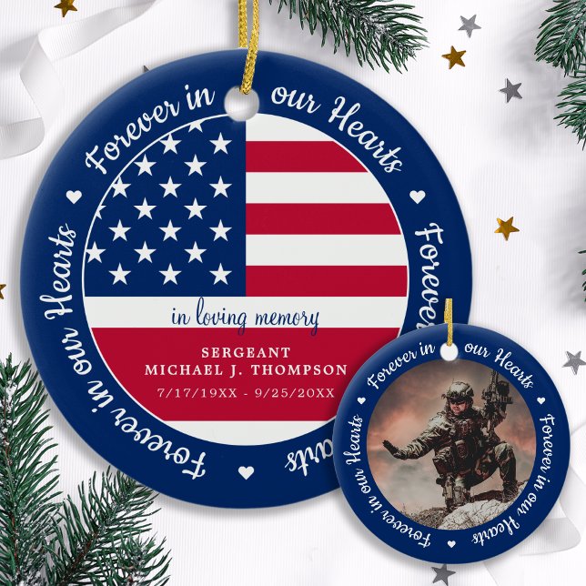 Modern Photo Military Veteran USA Flag Memorial Ceramic Ornament (Creator Uploaded)