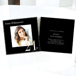 Modern photo minimal black & white 21st birthday invitation