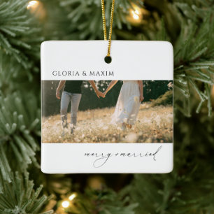 Modern Photo Minimal Elegant Newlywed Ceramic Ornament