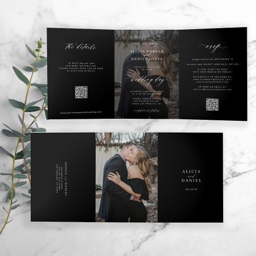 Modern photo minimalist black wedding all in one Tri_Fold announcement