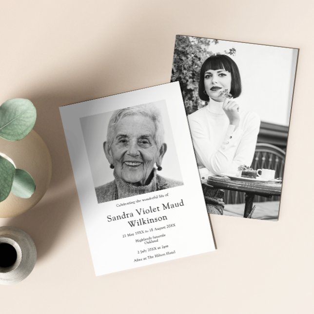 Modern photo minimalist celebration of life  invitation (MODERN MINIMAL BLACK AND WHITE FUNERAL INVITATION )