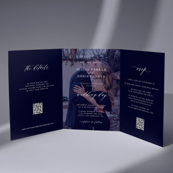 Modern Photo Minimalist Navy Wedding All In One Tri-fold Announcement by invitations_kits at Zazzle