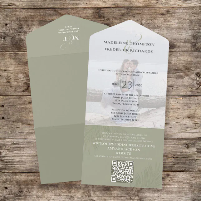 Modern Photo Minimalist Palm Leaves QR Code RSVP All In One Invitation ...