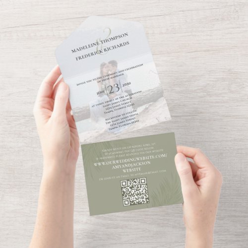 Modern Photo Minimalist Palm Leaves QR Code RSVP All In One Invitation