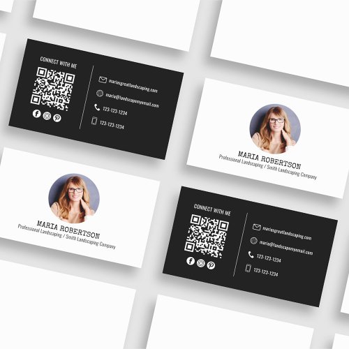 Modern Photo Minimalist QR Code Social Media Black Business Card