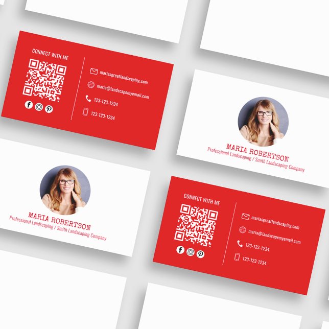 Modern Photo Minimalist QR Code Social Media Red Business Card (And coordinating red and white background on the back. )