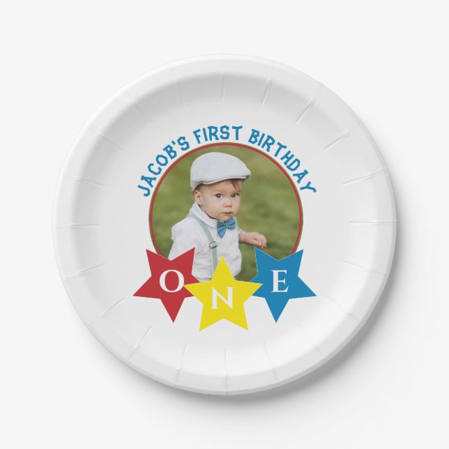 Modern photo minimlistic 1st birthday  paper plates (Front)