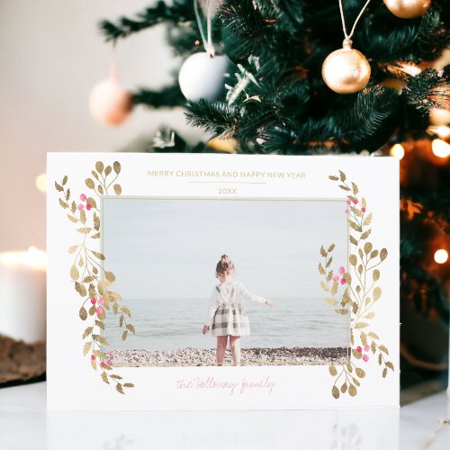 Modern photo mistletoe Christmas gold frame white Holiday Card