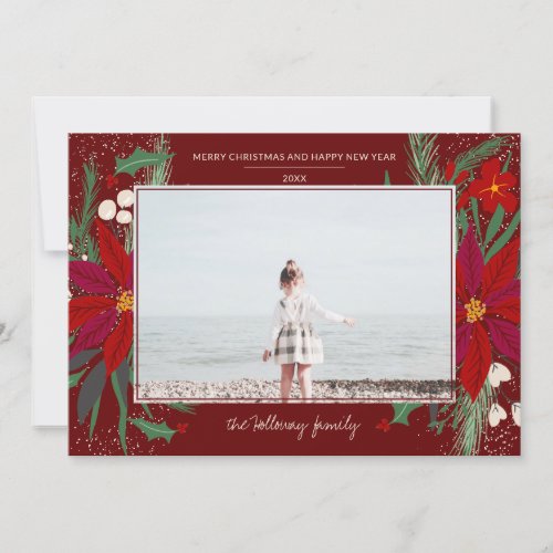 Modern photo mistletoe Christmas red green floral Holiday Card