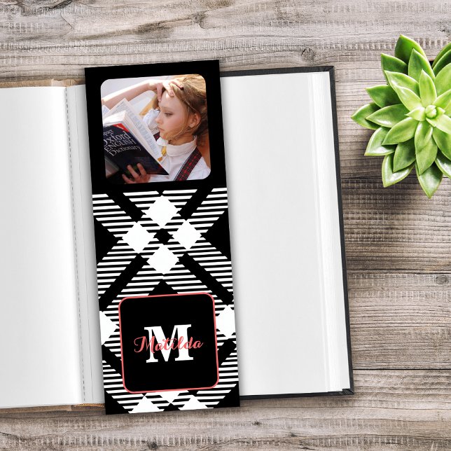 Modern Photo Monogram Name Black Grid Bookmark (Creator Uploaded)