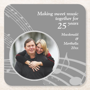 Modern Photo MUSIC 25th Silver Wedding Anniversary Square Paper Coaster