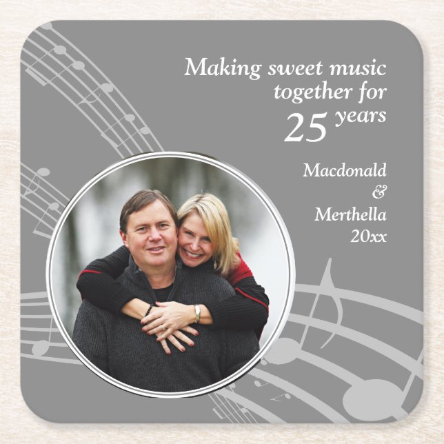 Modern Photo MUSIC 25th Silver Wedding Anniversary Square Paper Coaster (Front)