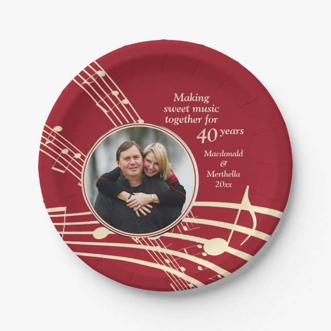 Modern Photo MUSIC 40th Ruby Wedding Anniversary Paper Plates (Front)
