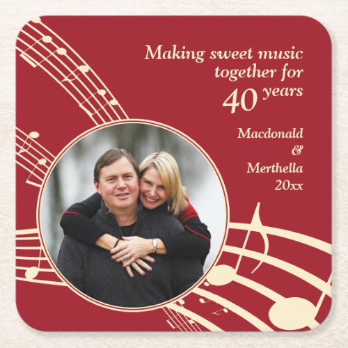 Modern Photo MUSIC 40th Ruby Wedding Anniversary Square Paper Coaster