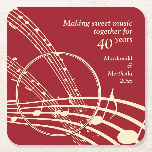 Modern Photo MUSIC 40th Ruby Wedding Anniversary Square Paper Coaster (Front)