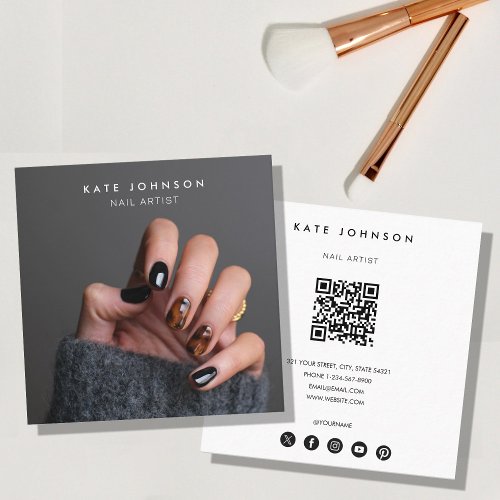 Modern Photo Nail Artist Beauty Salon QR Code Square Business Card