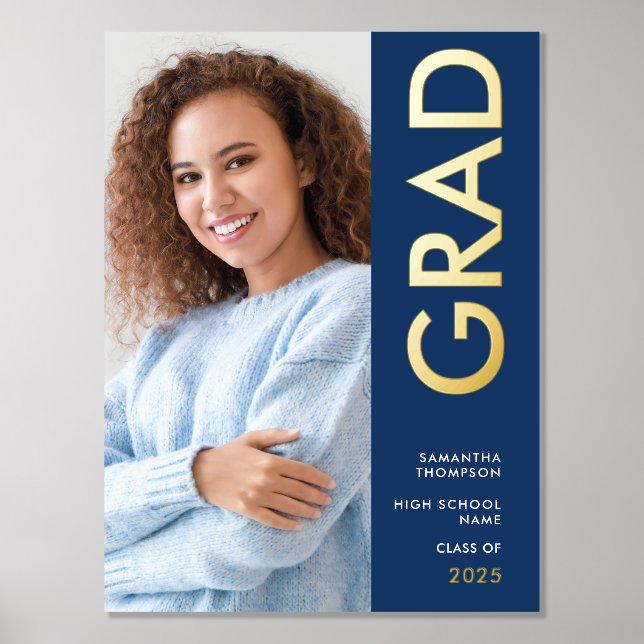 Modern Photo Name Class of Graduation Navy Foil Prints (Front)