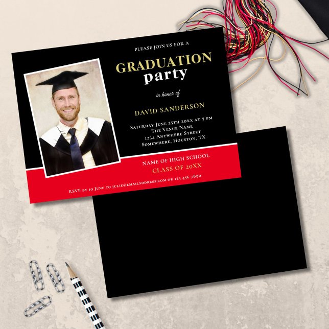 Modern Photo Name Gold Black Red Grad Party Invitation (front and back view)
