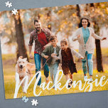 Modern Photo Name Personalized Jigsaw Puzzle<br><div class="desc">Create some family fun with a personalized photo puzzle featuring a family or individual's name in your choice of font style, color and size (shown in a white modern handwritten script photo overlay). OPTIONS: The sample is shown on the 16x20-inch 520 piece puzzle--other sizes and number of pieces choices are...</div>