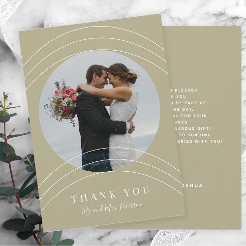 Modern photo names script sage green wedding  thank you card