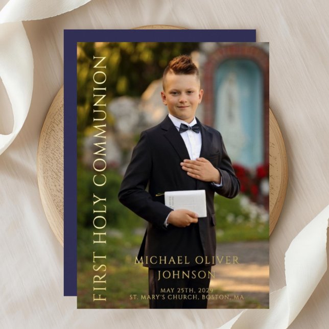 Modern Photo Navy Blue Boy First Communion Gold Foil Invitation (Modern Photo Blue Boy First Holy Communion Gold Foil Invitation)