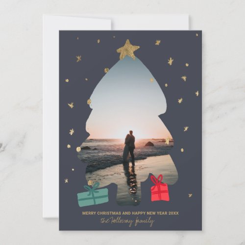 Modern photo navy blue gold Christmas tree overlay Holiday Card