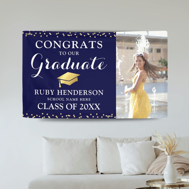 Modern Photo Navy & Gold Class of 2026 Graduation Banner (Creator Uploaded)