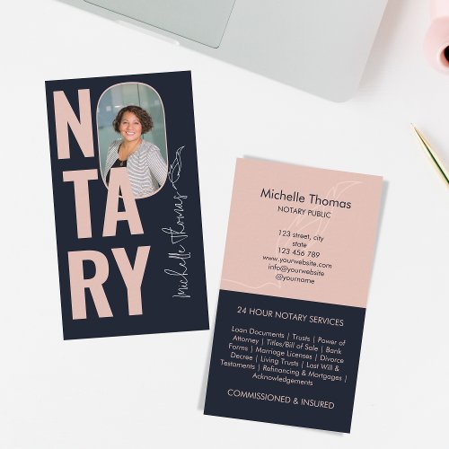 Modern Photo Navy Pink Notary Loan Signing Agent Business Card