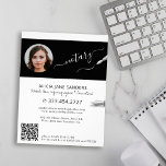 Modern photo notary signing agent QR Flyer<br><div class="desc">Modern trendy script professional legal certified notary attorney at law consultant custom personalized black and white promotional flyer with elegant calligraphy and pens.             Easy to personalize with your photo and your automatically generated scanning QR CODE to your website or social media.</div>