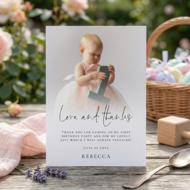 Modern Photo Overlay 1st Birthday Love Thanks Card (Creator Uploaded)