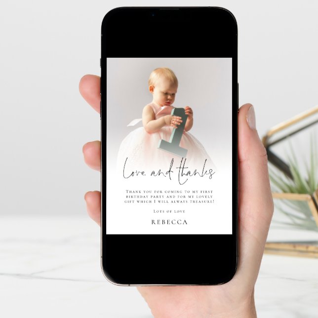 Modern Photo Overlay 1st Birthday Love Thanks Card (Front Digital)