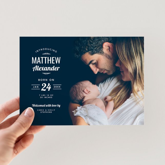 Modern Photo Overlay Baby Boy Birth Announcement (Creator Uploaded)