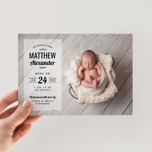 Modern Photo Overlay Baby Boy Birth Announcement (Creator Uploaded)