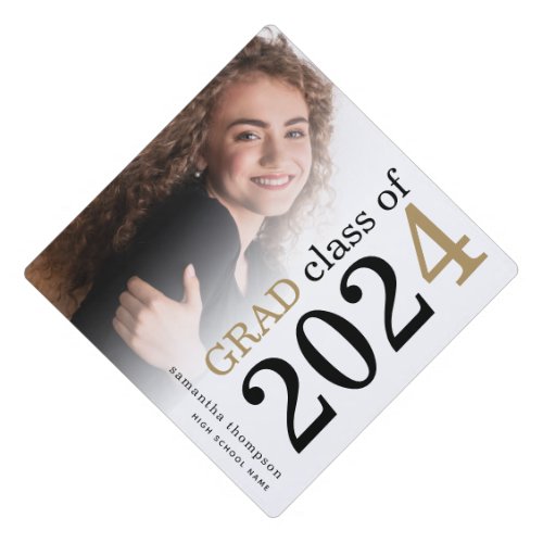 Modern Photo Overlay Black Gold 2024 Graduation  Graduation Cap Topper