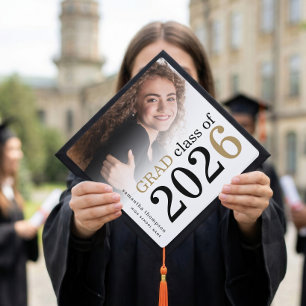 Modern Photo Overlay Black Gold 2026 Graduation Cap Topper