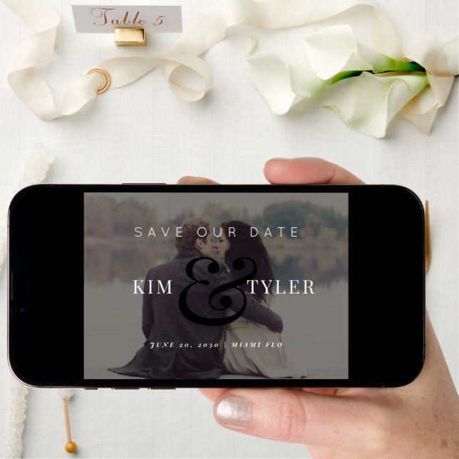Modern photo overlay black wedding save the date (Front Digital)