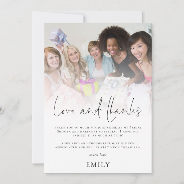 Modern Photo Overlay Bridal Shower Love Thanks Card (Front)