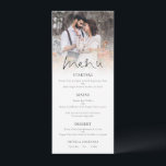 Modern Photo Overlay Elegant Script Wedding Menu<br><div class="desc">Modern Photo Overlay Elegant Script Wedding Menu. An informal set typography in black for the main heading Menu complementing the rest of the text which you can easily personalise. Replace the sample photo with your own favorite.</div>