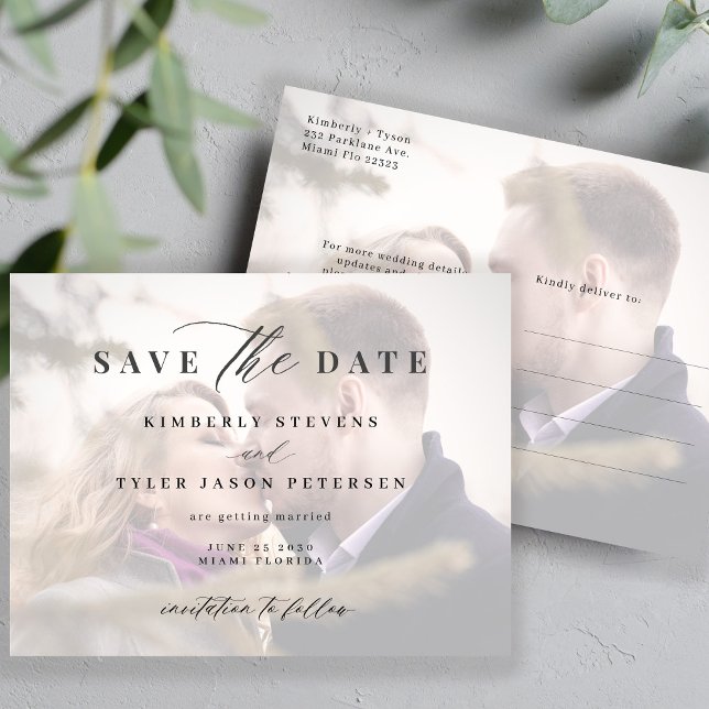 Modern photo overlay elegant wedding save the date announcement postcard (Creator Uploaded)