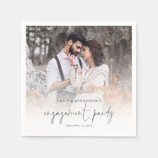 Modern  Photo Overlay Engagement Party Napkins (Front)